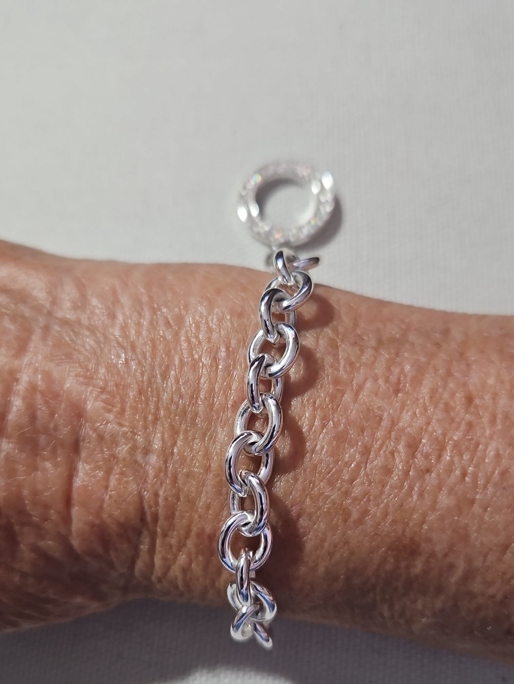 Silver Tone Link Chain Bracelet - Silver Pave Ring Detachable